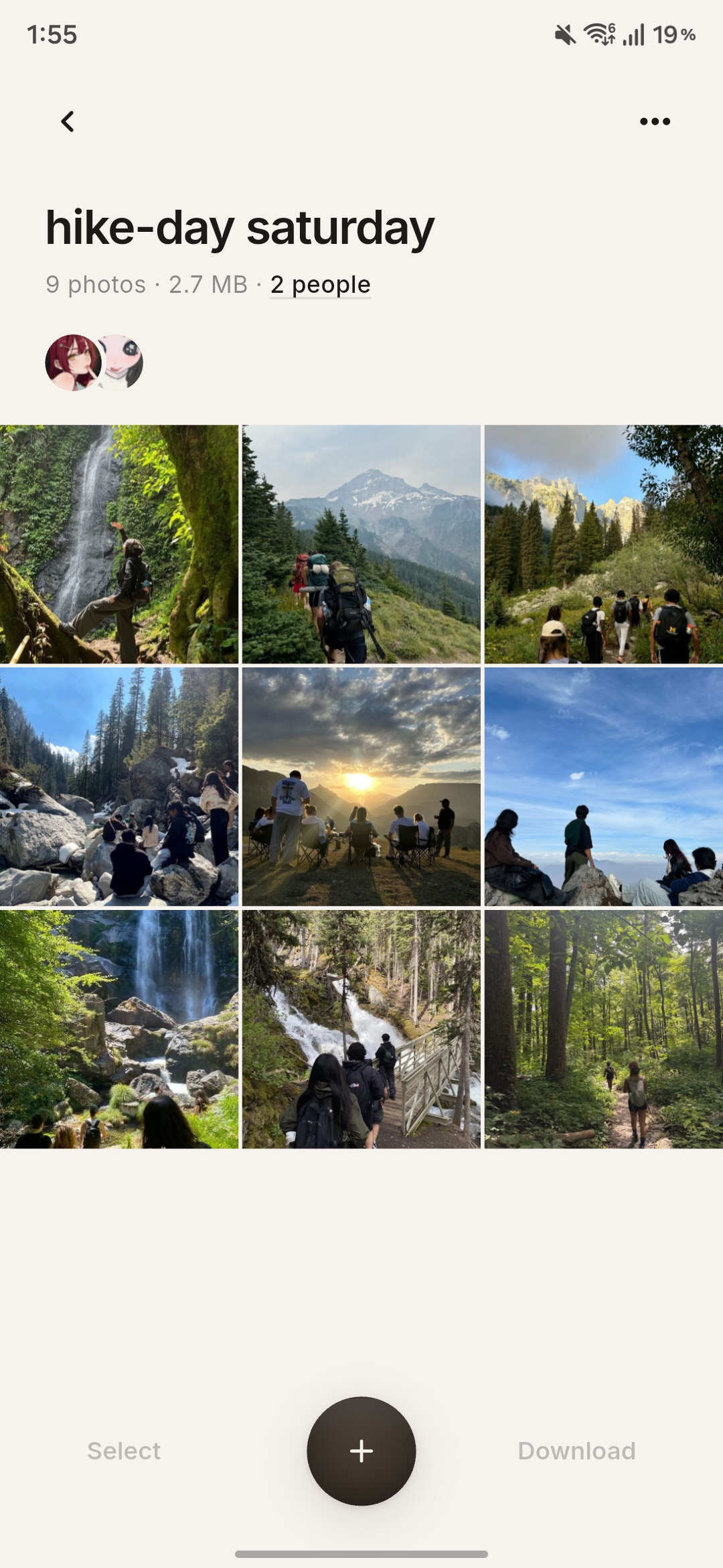 Miuchio’s hiking album in an iPhone mockup, showing a shared grid of mountain, forest and waterfall photos.